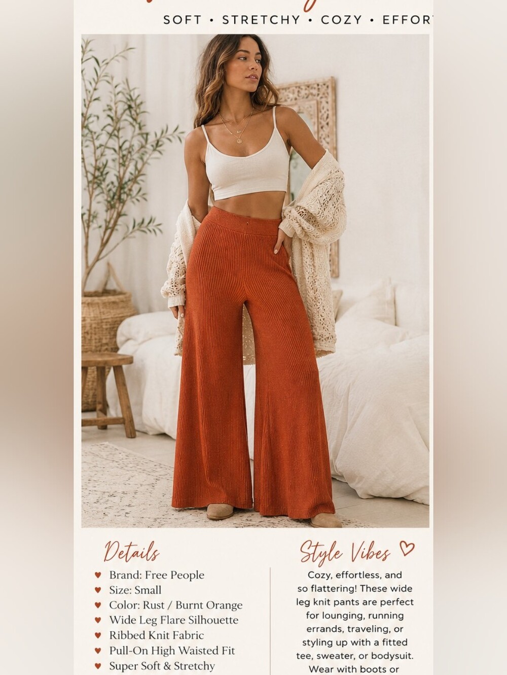 🍂✨ FREE PEOPLE Ribbed Wide Leg Knit Pants ✨🍂 - Picture 2 of 6